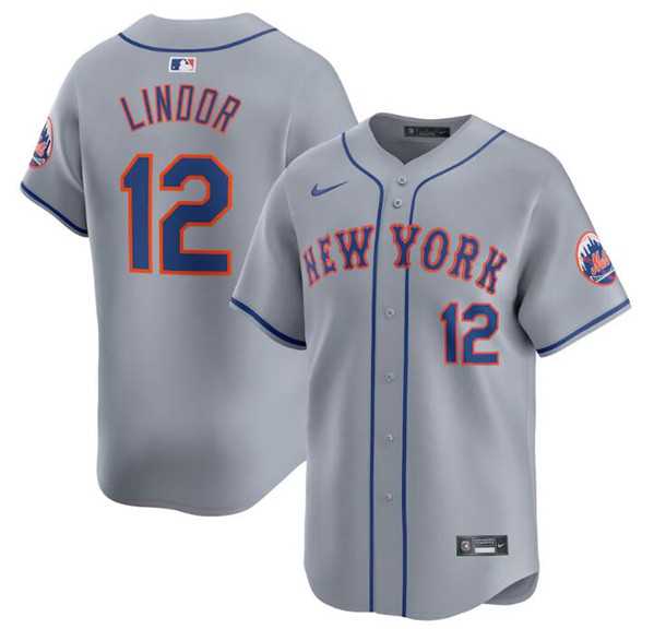 Men%27s New York Mets #12 Francisco Lindor 2024 Gray Away Limited Stitched Baseball Jersey Dzhi->new york mets->MLB Jersey